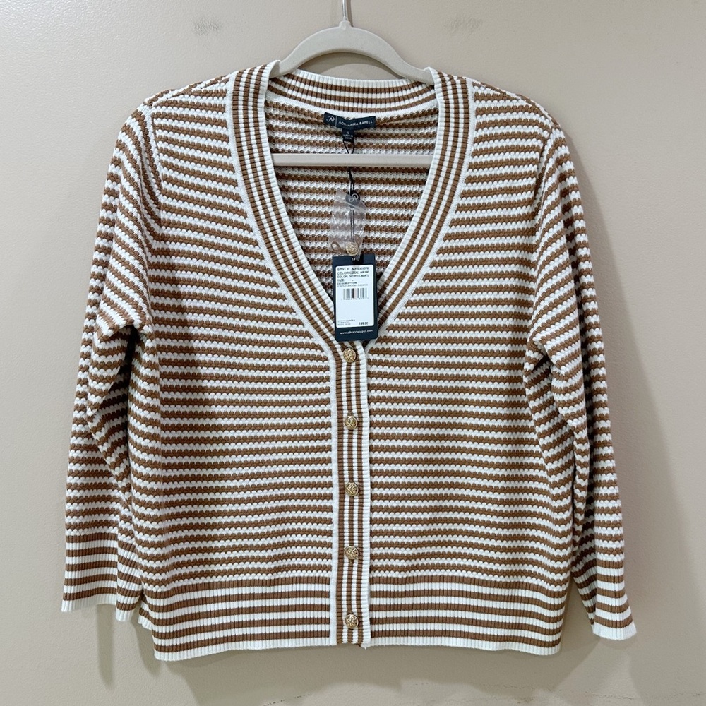 Adrianna Papell Cream and Tan Striped Button-Front Cardigan